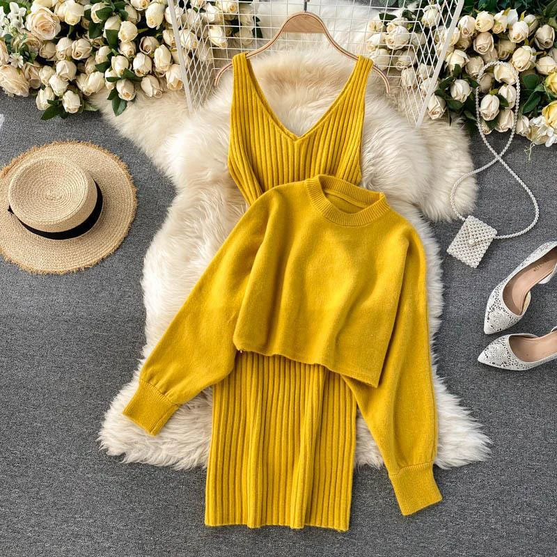 

Elegant wrap hip knitwear women sweater dresses suit two piece set
