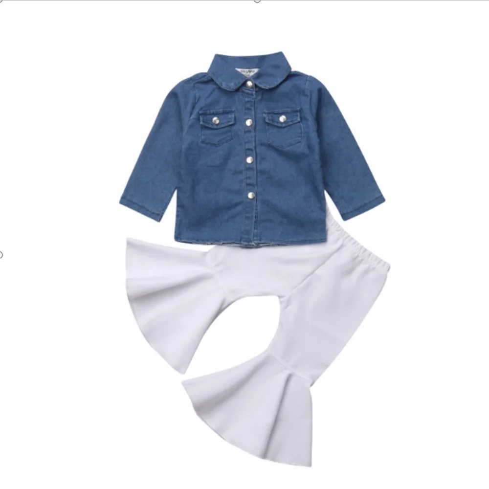 

Hot selling Cotton button-down jean jacket + white cotton flared trousers for girls set