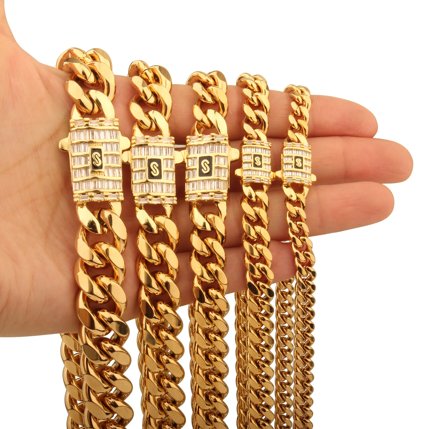 

Fashion Hot Selling Stainless Steel Hip Hop Jewelry Necklace Diamond Cuban Chain Zircon Bracelet For Men