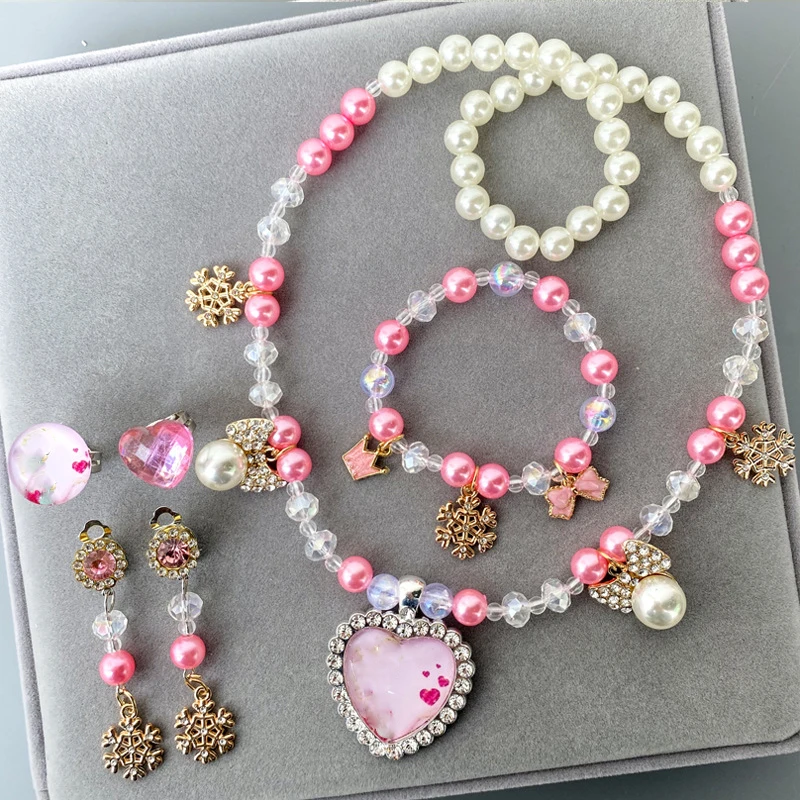 

Cute Cartoon Pink Beads Ring Bracelet Necklace And Earrings Sets Princess Girl Kids Necklaces And Bracelets, Colored