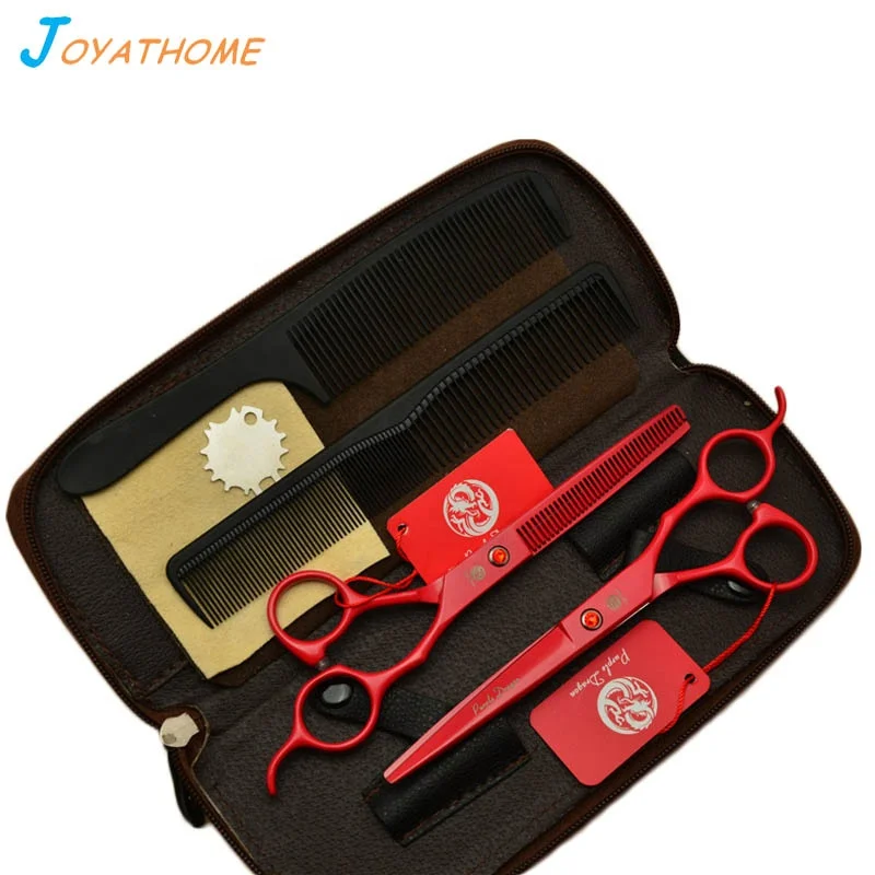 

7pcs 5.5 Inch Red Hairdressing Scissors Flat Thinning Shears Clippers Japanese Combo Set for Professional Barber Hair Cutting