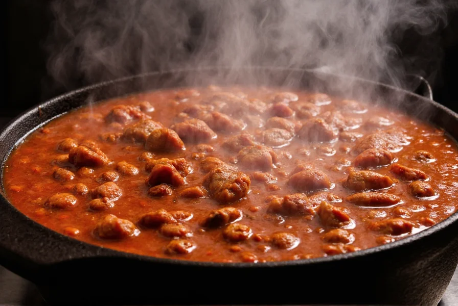 Texas-style chili in cast iron pot with steam rising, deep red color, visible meat chunks and spice flecks