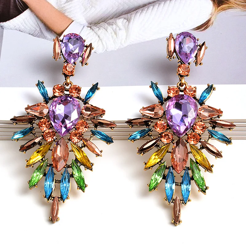 

Bohemian Multicolor Retro Statement Acrylic Full Rhinestone Diamond Super Flash Crystal Jewelry Women Earrings, Picture shows