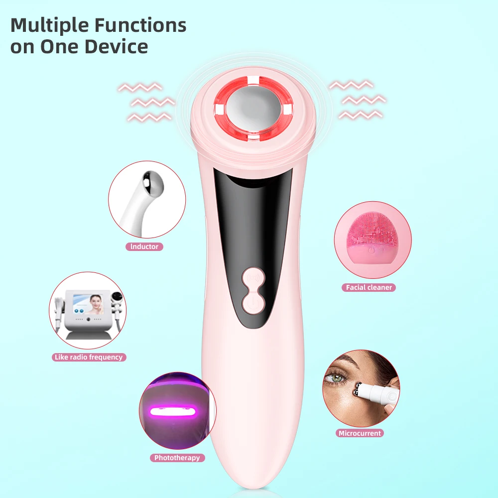 

5 in 1 beauty care face massager vibrating facial massager photon led skin rejuvenation, Pink