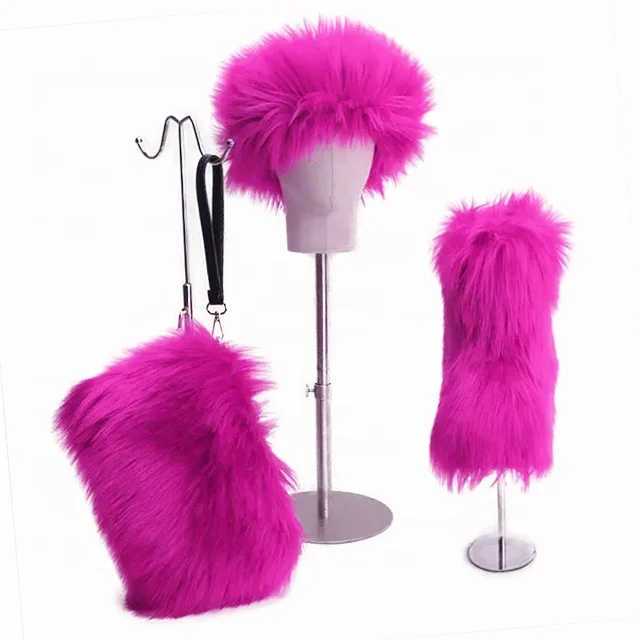 

New Design Women Winter Fluffy Faux Fur Boots With Headband And Bag