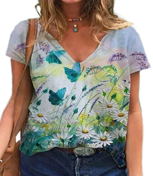 

Summer Women V Neck Print Street Style Short Sleeve Loose Fit Tops T Shirt Shirts