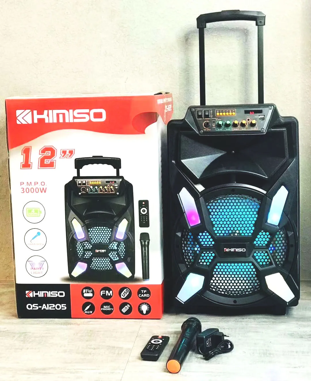 

QS-A1250 kimiso High sound 12 inch trolley speaker 3000w portable wireless speaker with adapter