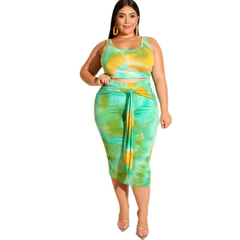 

2020 new arrivals summer women round neckline sleeveless women tie dye plus size track suits