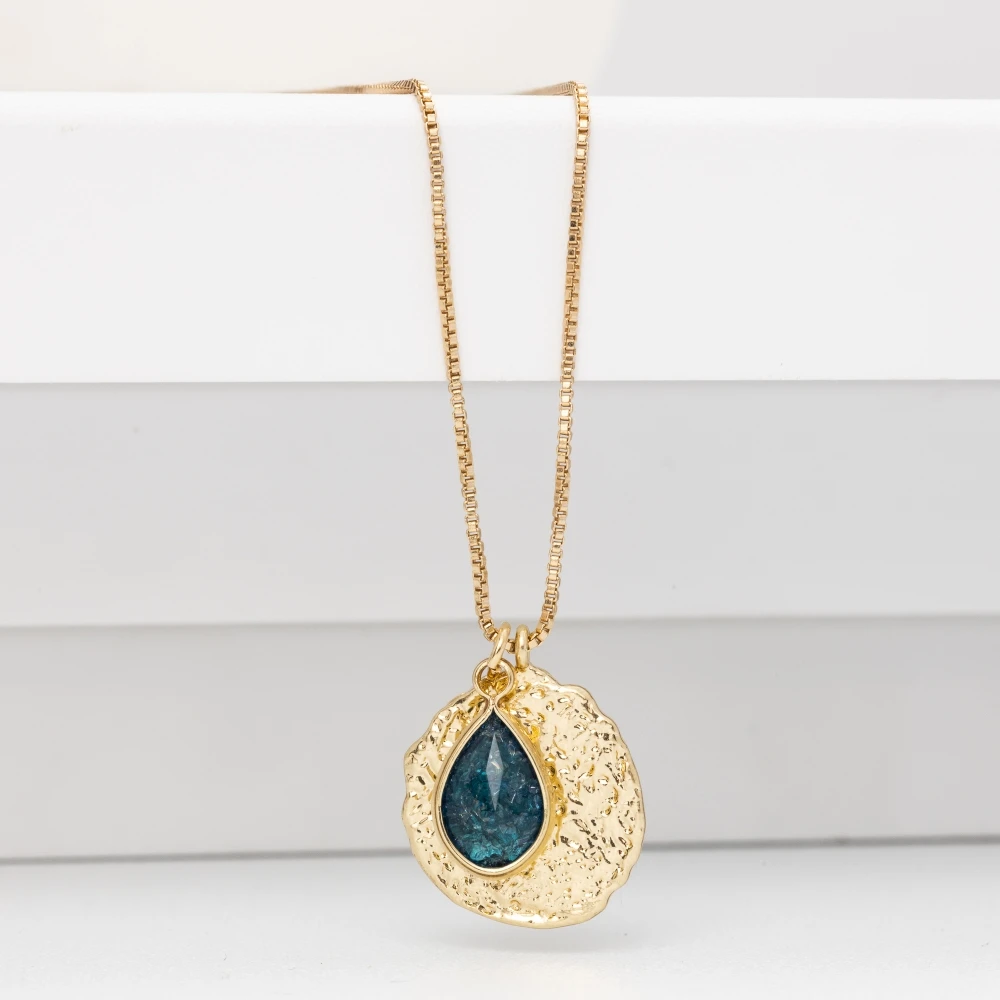 

18K gold plated Minimalist Jewelry Handmade Gold Fill Carved Pendant box Chain necklace with glass drop, As request