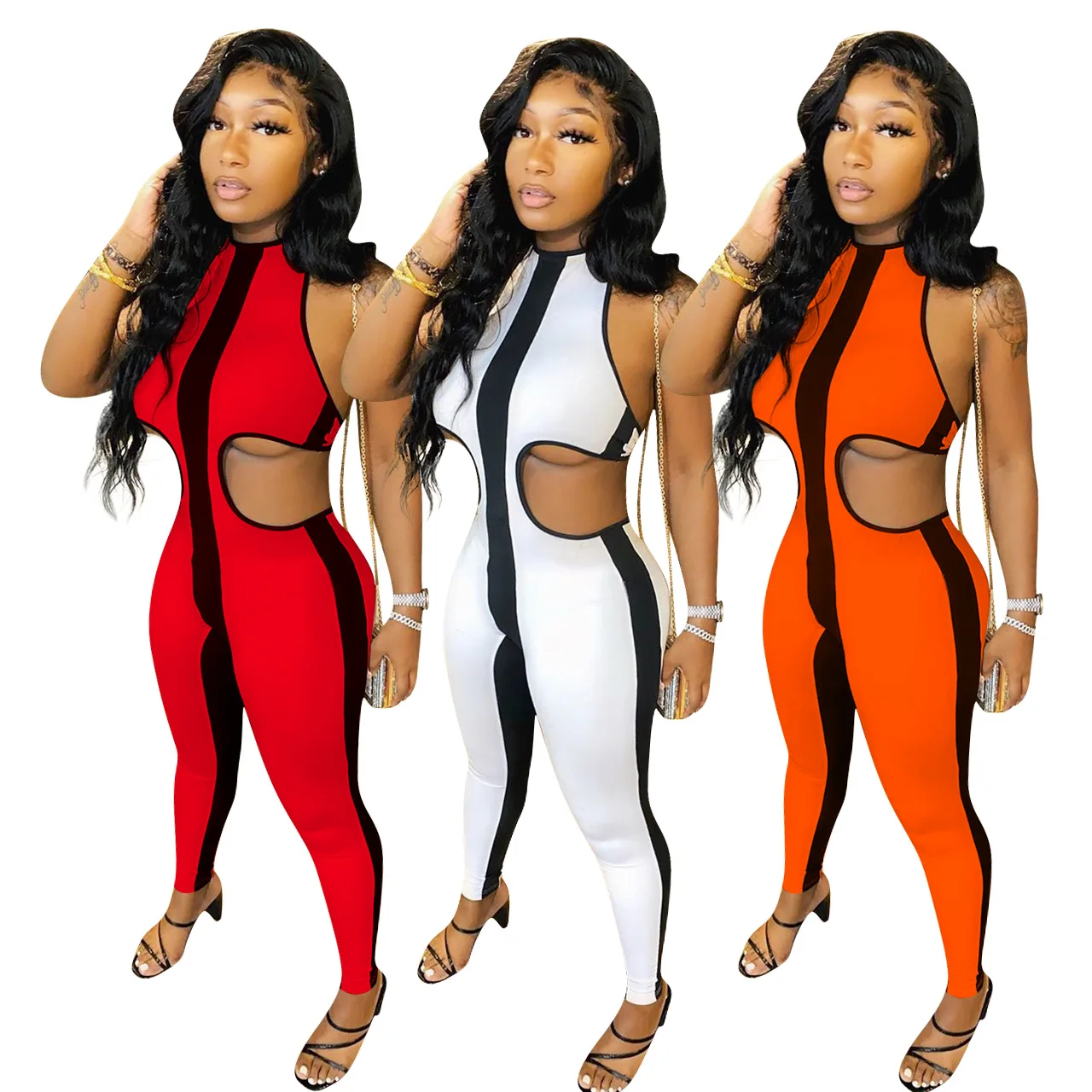 

One Piece Sexy Splicing Stripe Skinny Halter Tie Jumpsuit Hollow Out Rompers Womens Jumpsuit, White, red, orange