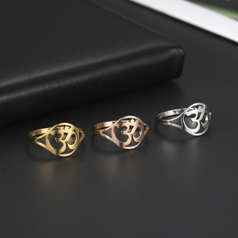 

Indian Yoga Om Finger Rings Stainless Steel Mandala Gothic Talisman Amulet Casual Ring Jewelry Gift for Women Girls Mujer, Steel color,gold, rose gold