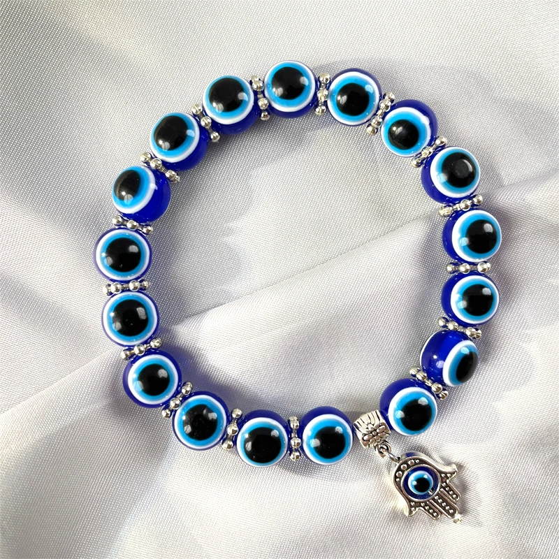 

Evil Eye Hamsa Blue Beaded Charm Stretch Bracelet Hand of Fatima Turkish Lucky Evil Eye Bracelet for Protection and Blessing