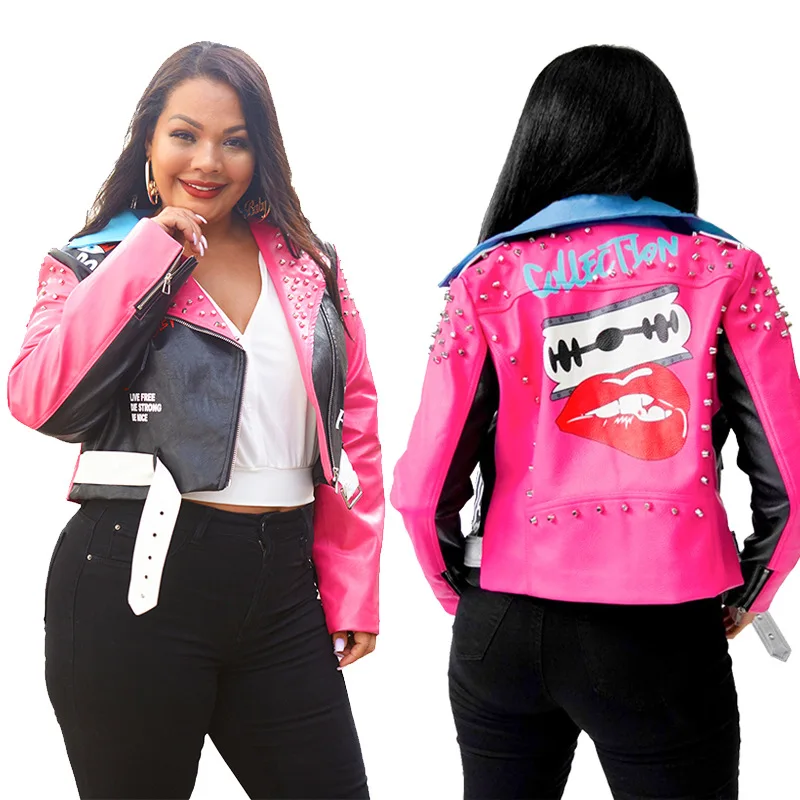

2020 Fashion Winter Coat Women Rivet Printed Lapel Collar Contrast Zipper PU Women's LeatherJacket