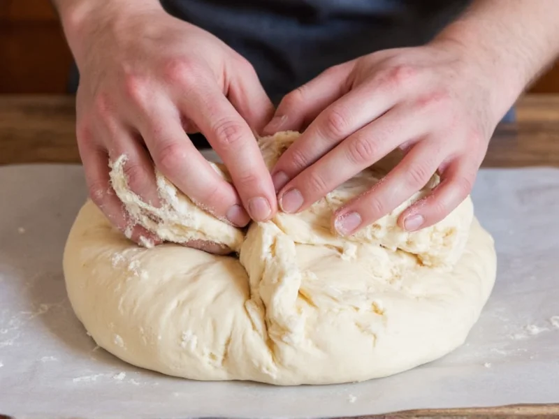 Hands performing stretch and fold technique on shaggy sourdough dough