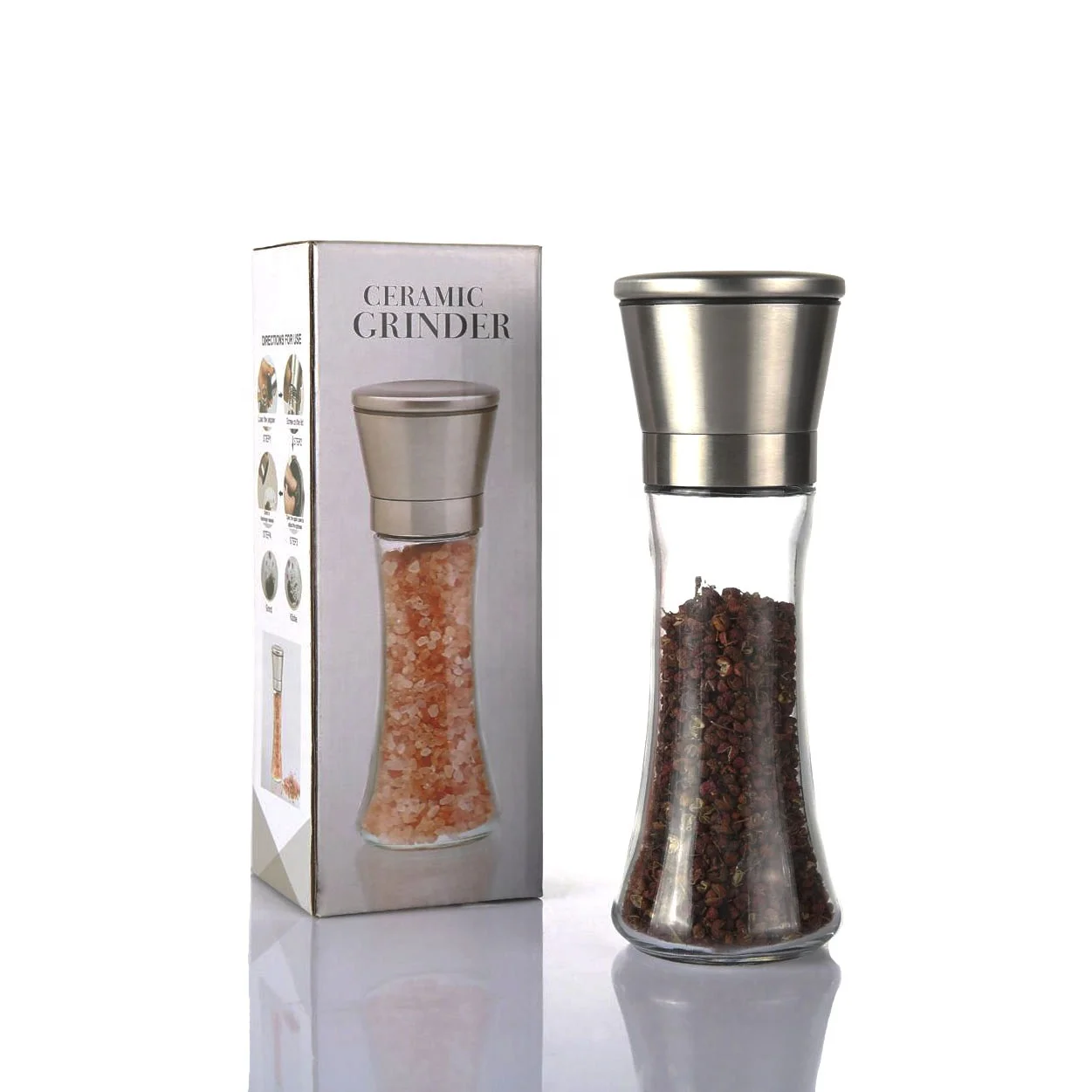 

professional glass adjustable salt pepper mill hand operated ceramic chili spice grinder, Transparent bottle