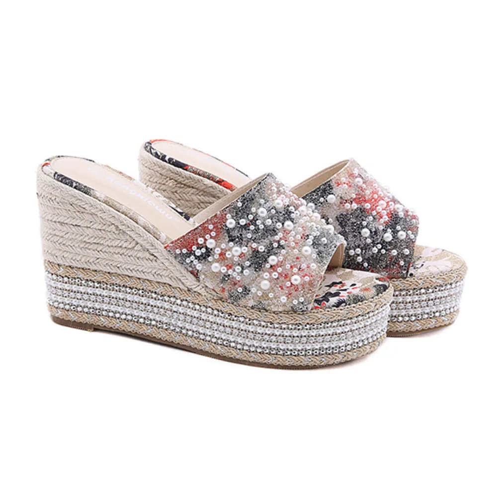 

2022 Factory New Arrivals Ladies Wedge Sandals Round Toe Open Toe Pearl Ladies Fashion Wedge Sandals