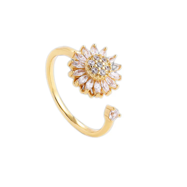 

Hot Sale S925 Sterling Silver Sunflower Ring For Women You Are My Sunshine Gold-plated Rotatable Sunflower Ring With Zircon
