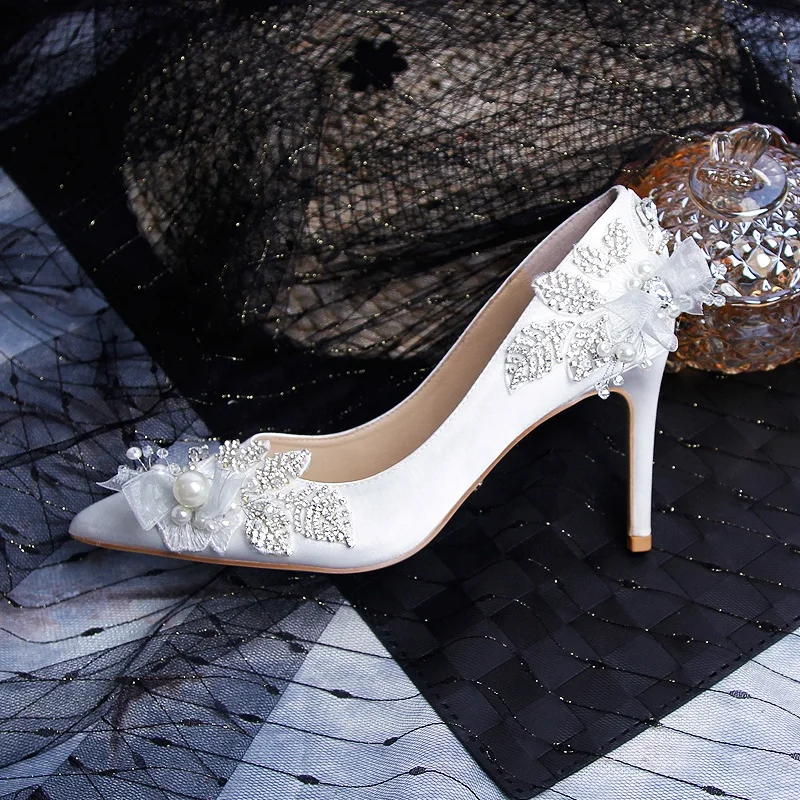 

Comfortable Satin Block Woman Sandals Stiletto Bridal Shoes Bling Rhinestone Female Heels, White