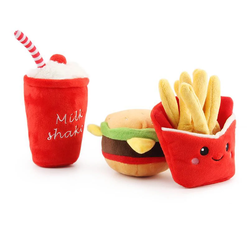 

Wholesale Pet Plush Dog Toys Chew Squeaky Hamburger Fries Milkshake Cup Shape Funny Toys