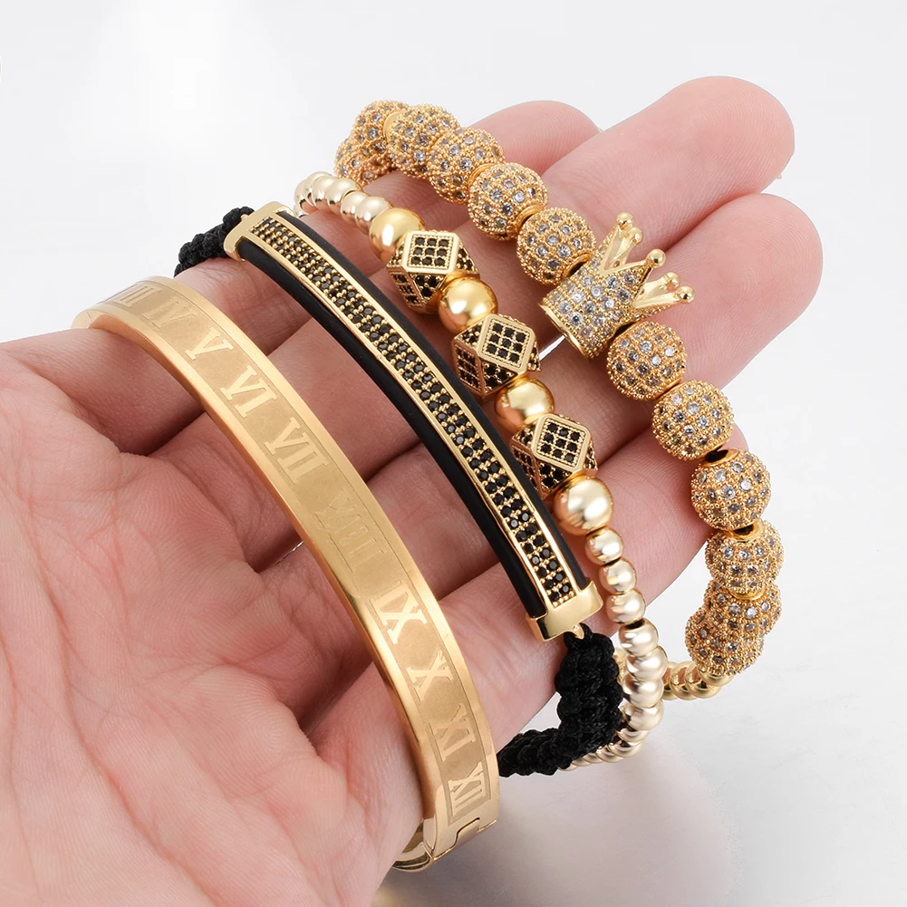 

New Design Stainless Steel Luxury Gold Bracelet Set Mens Crown Bracelet, Gold, black, silver