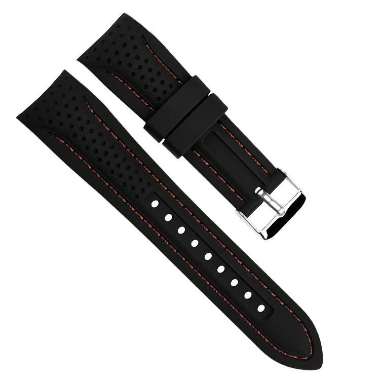 

24mm curved end black silicone rubber watch strap for wristwatch