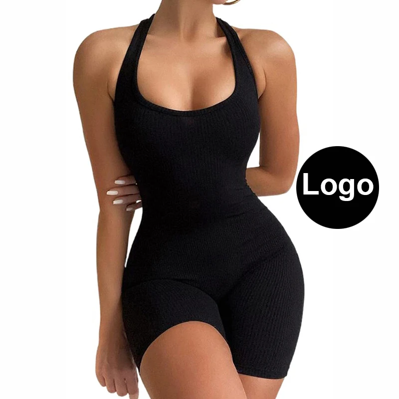 

2021 Wholesale Sexy Women Solid Backless Halter Short Bodysuits Rompers Playsuits One Piece Jumpsuit, Solid one piece jumpsuit