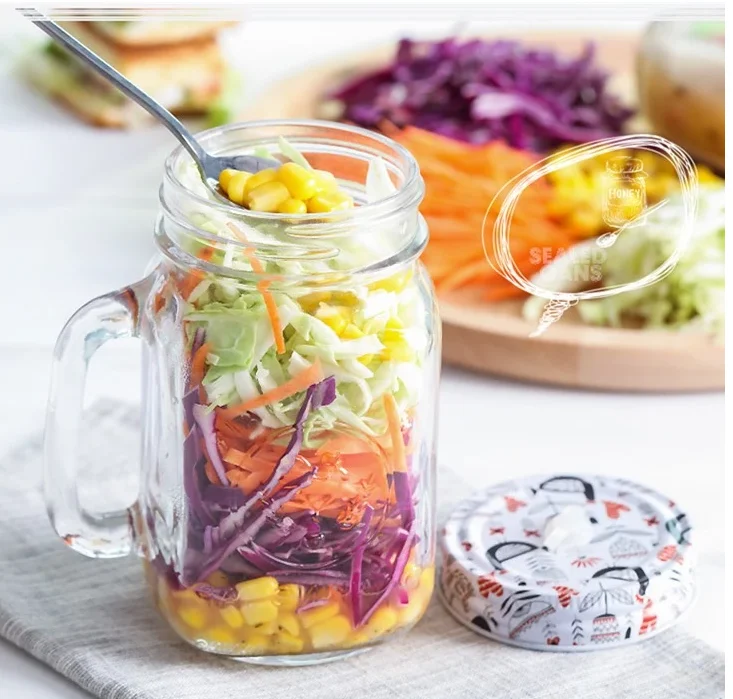 

Custom Wide Mouth Colorful Empty Food Glass Mason Jar with Handle Straw