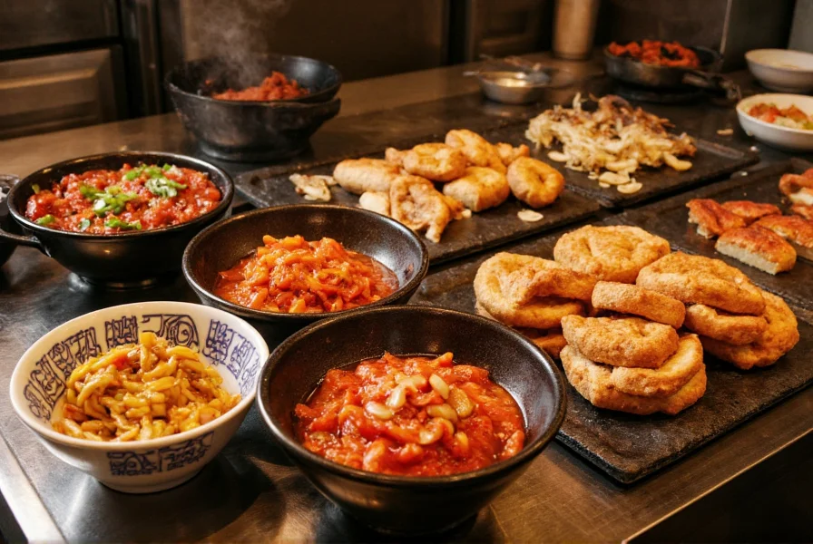 Traditional Korean kitchen showing various dishes featuring gochugaru including kimchi, tteokbokki, and gochujang