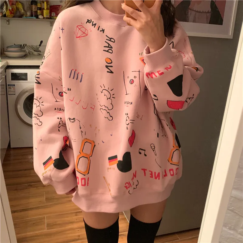 

Hip Hop Hoodies Dress 2020 Spring Womens Clothes Teen Street Harajuku Pastel Sweatshirt for Women Printing Loose Leisure Hoodie