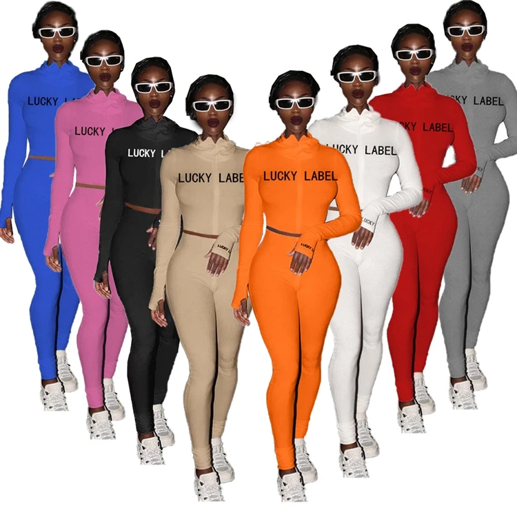 

2020 Multi color turtleneck ribbed embroidery letters printed women sports two piece set