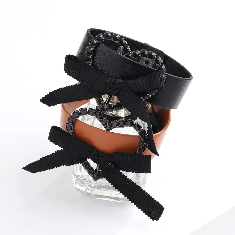 

New Style PU Leather Heart Bow Heart Love Orange PU Wide Wristband Bangles For Women