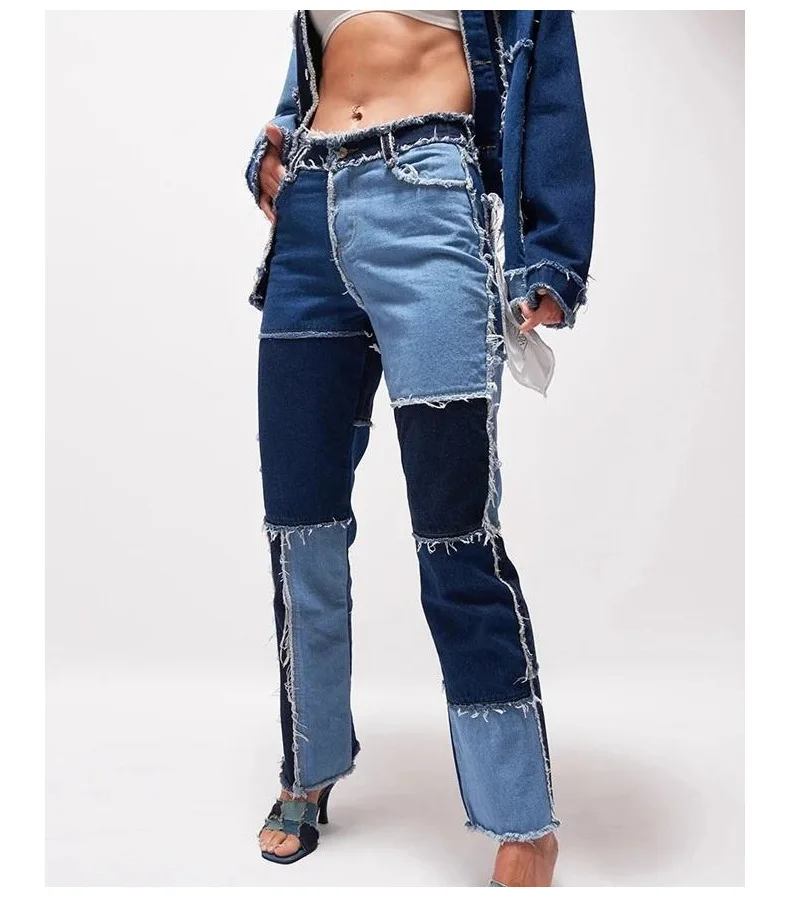 

Fashion Patchwork High Waist Denim Trousers Flare Women Jeans 2021