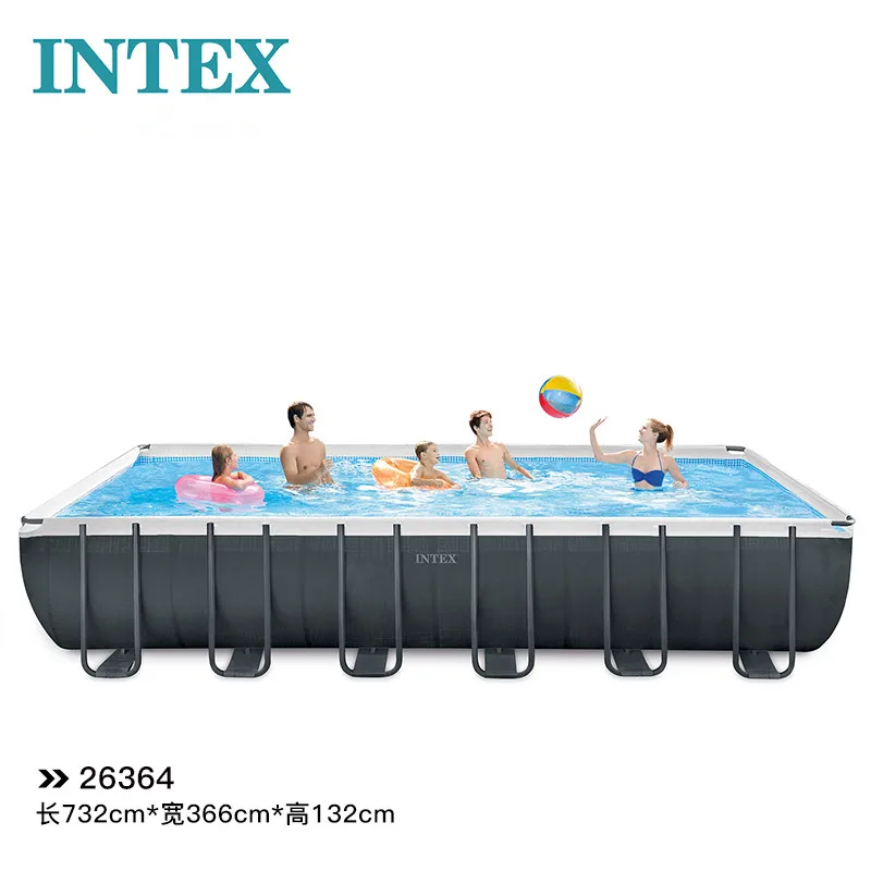 

INTEX 26364 Size 24*12*4.33 Feet Or 732*366*132 CM Inflatable Square Family Bracket Swimming Pool For Fish Farm, Blue/gray