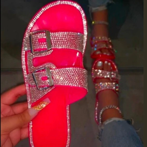 

Jelly Slides Ladies Fashion Flat Buckle Diamond Ins Summer Women Flip Flops Slippers, Black,pink,white,green