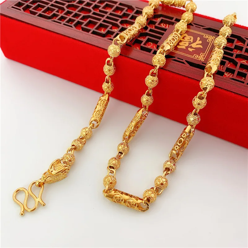

Men's Imitation Gold Alluvial Hollow Fu Character Column With Frosted Round Beads Xiangyun Dragon Head Necklace Supply