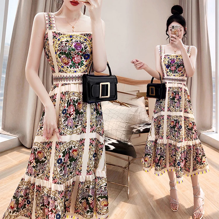 

In stock sales 2021 new women clothes wholesale fashion apparel elegant floral casual dresses High waist slim suspender skirt, Picture color