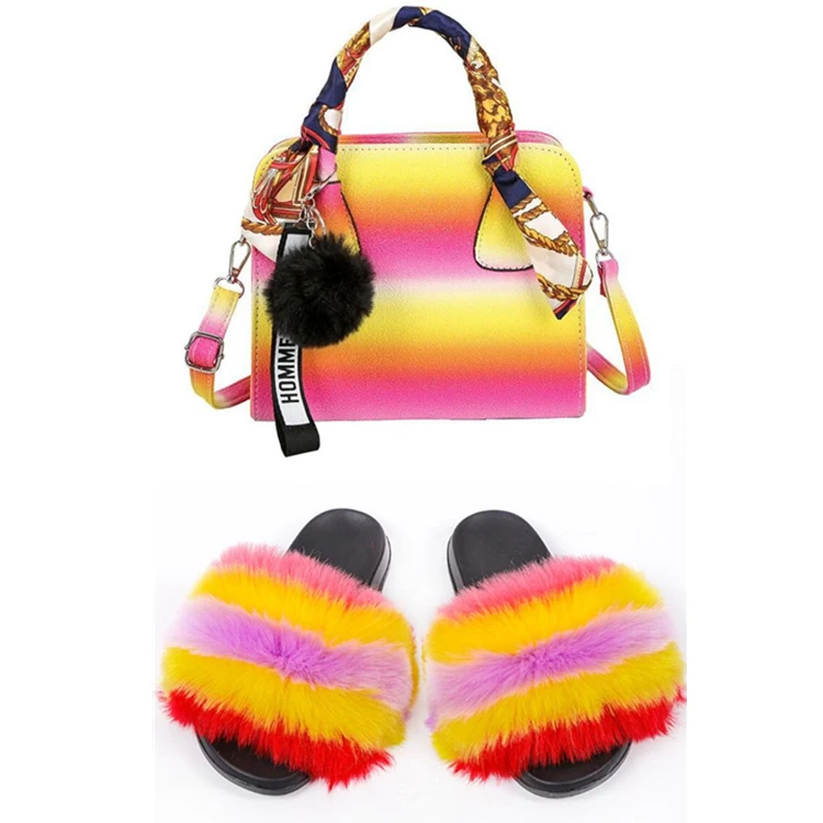 

Wholesale Matching Shoes And Handbags Furry Sandal Women Luxury Tote Hand Bags Jelly Purse And Fur Slides Sets For Ladies, As pictures or customized colors