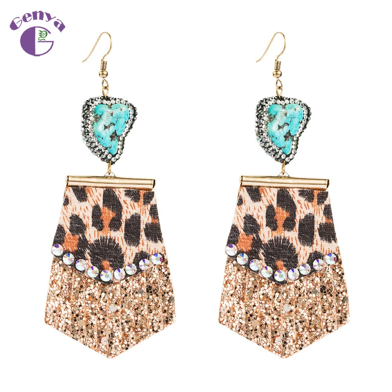 

Genya Stylish leopard print long leather earrings with bold embellished earrings, As picture