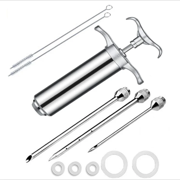 

Amazon Top Seller 2 Oz Large Capacity 304 Stainless Steel Turkey Meat Injector Seasoning Injector Marinade Injector 3 Needles, Silver