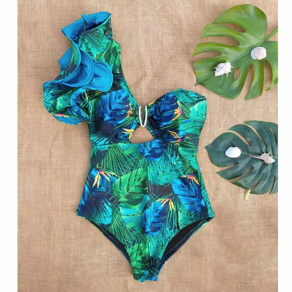 

2021 New Sexy Ruffle Print Floral One Piece Strappy One shoulder Swimwear Women Swimsuit Bathing Suit Backless Beachwear Monkini, Picture color