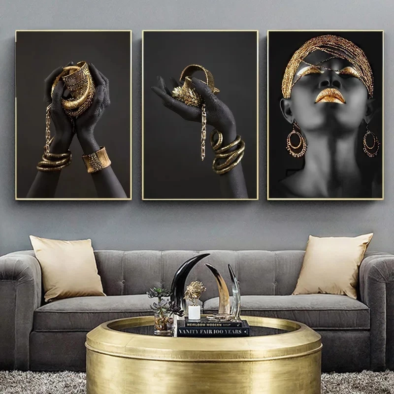 

A piece of canvas painting frameless black gold hand African nude pensive female oil painting on canvas poster and printed mural