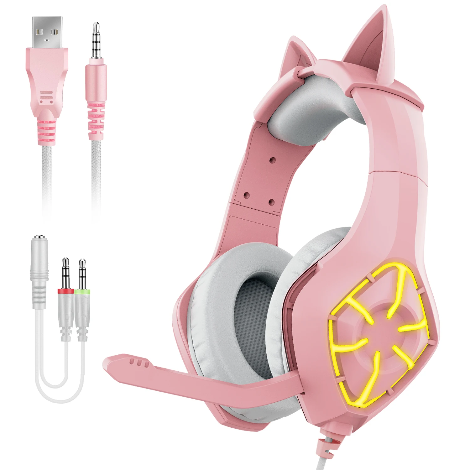 

Wholesale High Quality 3.5mm jack Pink Wired Girls PC Gaming Headset Cute Led Cat Ear Headphone For Girls