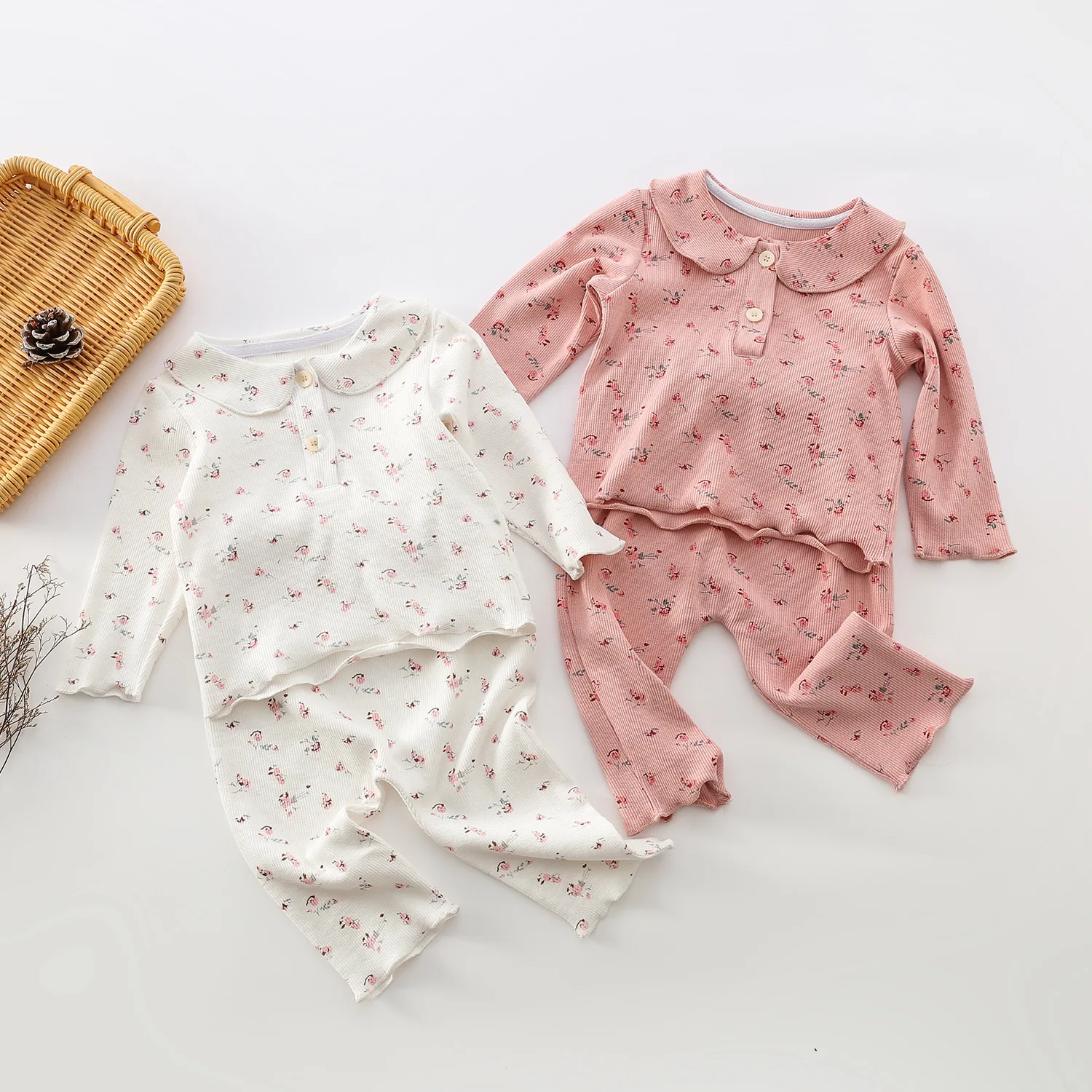

Spring Autumn baby girl ribbed home wear floral clothes set , infants long sleeve doll collar shirt with pants 2pcs pajamas set