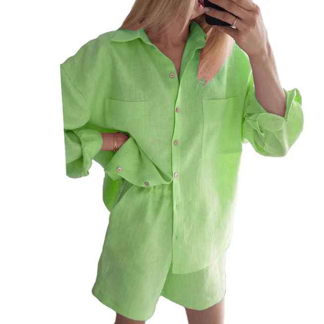 

Women Tracksuit 2022 Shirt Shorts Two Piece Set Green Long Sleeve Top And Mini Shorts Suit Female Summer Lady Fashion Outfits