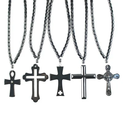 

2021 Hot Sale Natural Black Round Stone Beads Necklace With Screw Clasp Energy Stone Magnetic Hematite Cross Pendant Necklaces