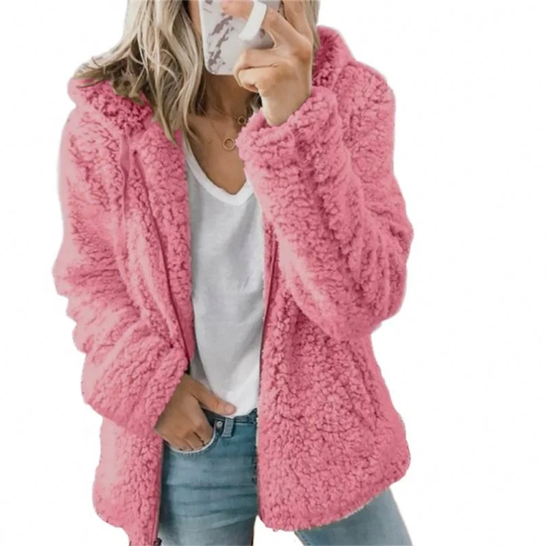 

Women Faux Fur Hooded Coats Jackets Winter Coat Zipper Long Sleeve Thicken Fleece Cardigan Overcoat Plus Size Fluffy Overcoat