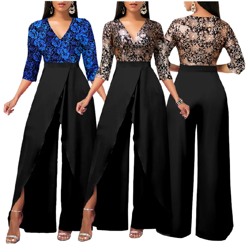 

SMR12074 Latest Design Jumpsuit Women Solid Color V-neck Wide Leg One Piece Jumpsuit Elegant Rompers Women Jumpsuit