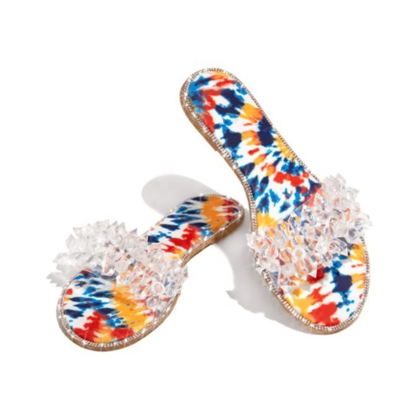 

Hot Style Girls Diamond Tie Dye Beach Slippers Flat Sole Rhinestone Sandals For Women