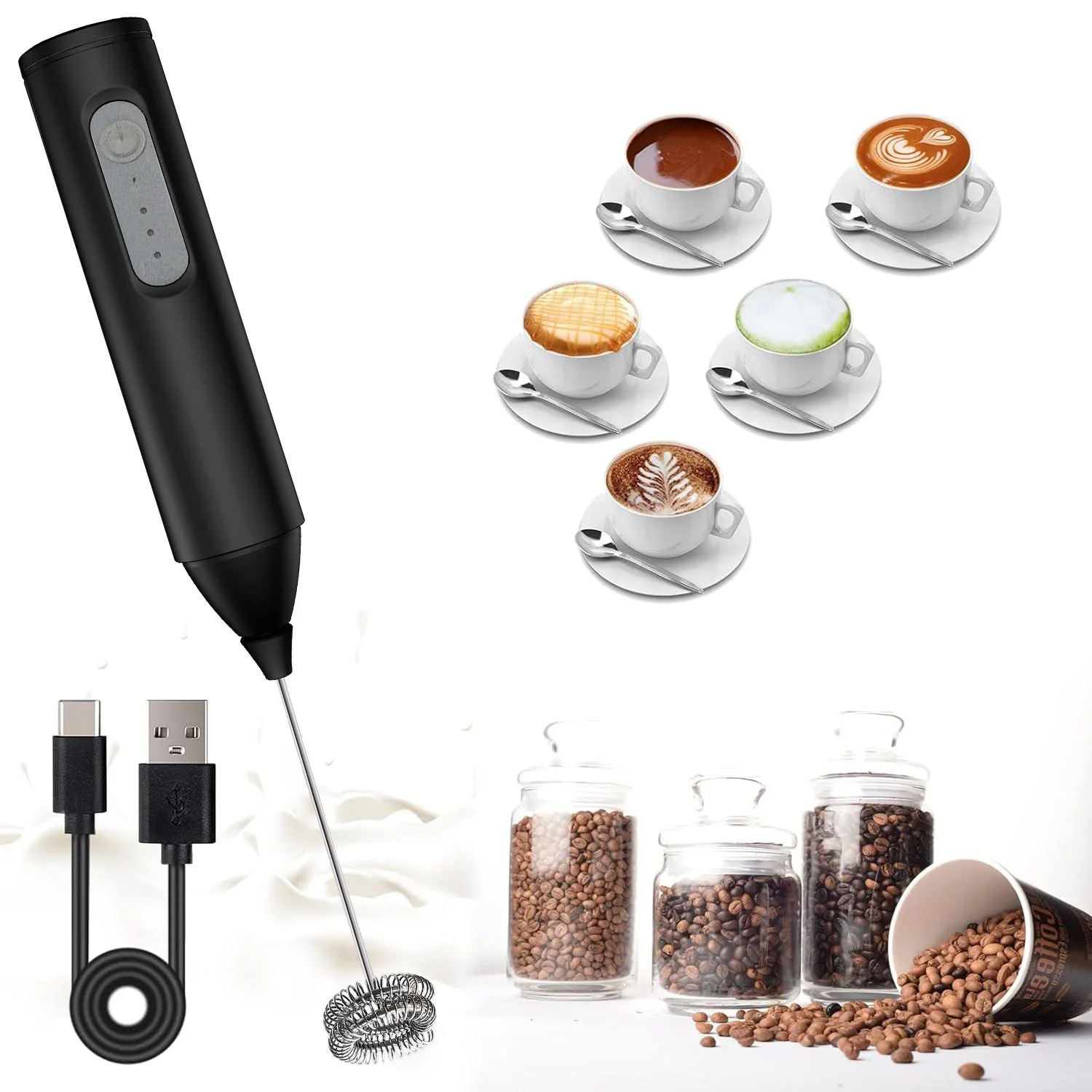 

Custom USB Rechargeable Milk Frother Handheld Milk Foam Maker For Lattes