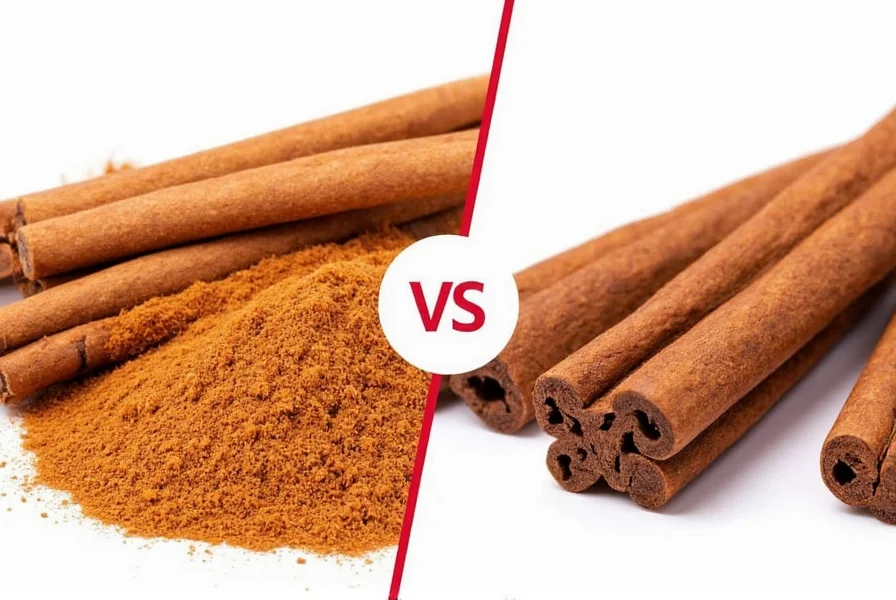 Close-up comparison of Saigon cinnamon quills versus Ceylon cinnamon quills showing Saigon's thicker, darker, single-layer bark and Ceylon's thinner, lighter, multi-layer concentric rings